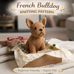 May include: A knitted brown French Bulldog dog sits in a decorative box with a gift box in the background. The text "French Bulldog Knitting Pattern" is at the top, with "Beginner Friendly • Digital PDF" at the bottom.