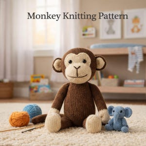 Patrón de tejido de mono en PDF / Lindo peluche de mono / Tejido de animales de safari / Patrón de peluche para principiantes / Idea de regalo para baby shower