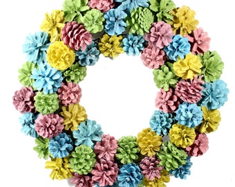Colorful Spring/Summer Pine Cone Wreath, 18" Diameter, Multicolor in Pink Blue Yellow Green, Cottage Style, Summer Home Decor, Easter Gift