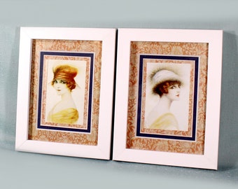 Two Vintage Glamorous Ladies in Hats, Triple Mats with Vintage Wallpaper Reproduction, White Frames, Bathroom or Bedroom Wall Art Decor