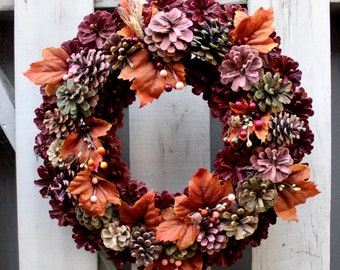 18" Autumn Pinecone Wreath, Leaves, Berries, Burgundy and Mixed Fall Color Cones, Rustic Country Autumn Decor, Front Door or Porch Wreath