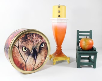 Fall Halloween Centerpiece, Large Scary Owl Tin, Candy Corn Painted Candle Holder with Wrapped Candle, Mini Chair with Apple, Mantel Decor