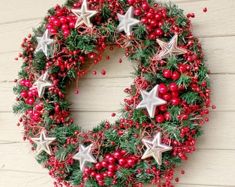 Red Berries and Stars Holiday Wreath, Tiny Red Bells Garland, Front Door Wreath or Mantel Decor, Christmas Housewarming Gift,