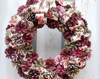 18" Fall Pinecone Wreath with Printed Autumn Ribbon, Burgundy and Mixed Fall Color Pinecones, Autumn Decor, Front Door Porch Mantel Wreath