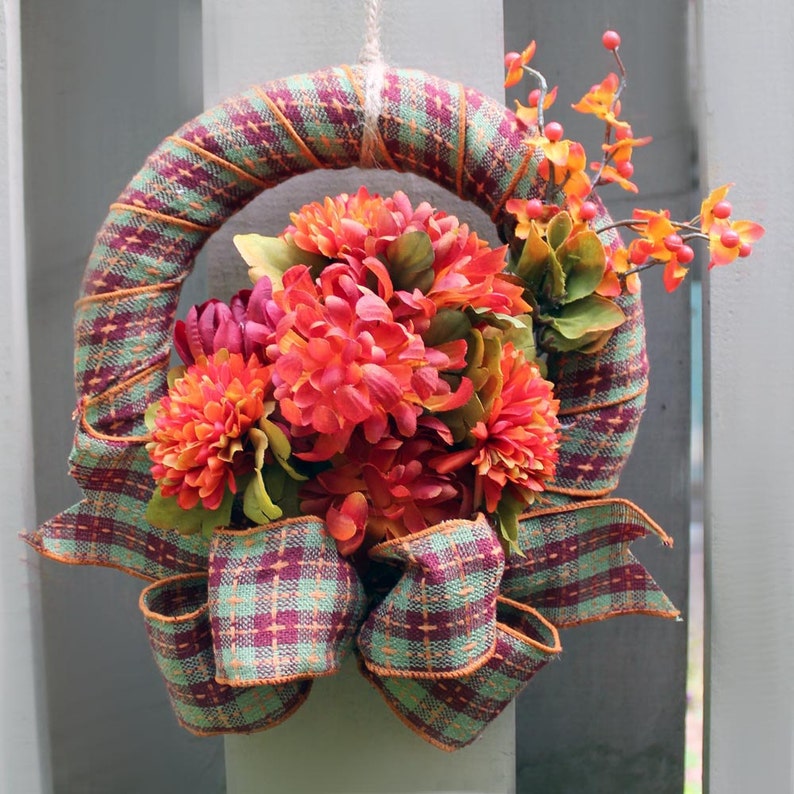 Floral Fall Ribbon Ribbon Wrapped Rustic Autumn Wreath Fall Floral and Plaid - Etsy