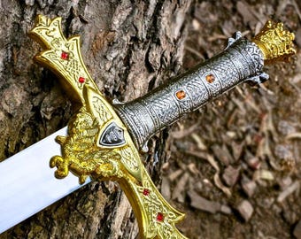 Espada Excalibur del Rey Arturo hecha a mano / Pomo de corona, funda de cuero