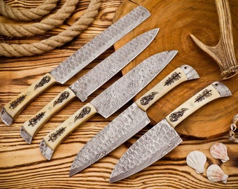 Handmade Damascus Steel Chef Knife Set | Camel Bone Handle, 5-Piece