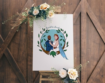 Custom Wedding Illustration, wedding cartoon portrait, couple illustration, personalized wedding illustration, wedding welcome sign