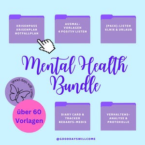 May include: A light blue graphic promoting a "Mental Health Bundle" in purple script. The image features purple folders with text, a pink circle with text, and a butterfly graphic. The phrase "good days will come" is also included in the design.