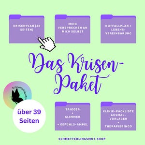 May include: A light green graphic with the text "Das Krisen-Paket" in cursive. The image includes purple folder icons with text such as "Krisenplan (20 Seiten)" and "Trigger + Glimmer + Gefühls-Ampel". The image also includes the text "über 39 Seiten".