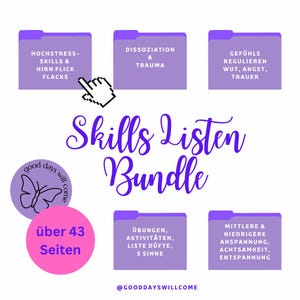 Puede incluir: Gráfico digital con el texto "Skills Listen Bundle" en escritura morada. La imagen incluye iconos de carpeta morados con texto en alemán, un círculo rosa con "über 43 Seiten" y un gráfico de mariposa. La imagen está sobre un fondo blanco.