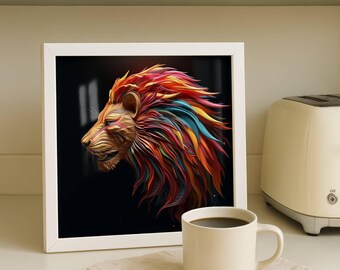 Canvas Kleurrijke leeuw: muurkunst jungle, kunst met wilde dieren, ingelijst