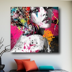 Colorful Beautiful Woman Banksy Canvas Poster Print, Pop Art Feminist Girls, Mental Health Positivity, Abstract Painting of Woman,Unframed