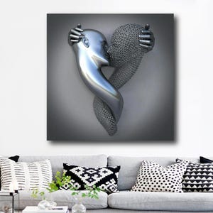 3D Effect Kissing Couple Canvas Poster Print, Love Huge Couple Art, Metallic Wall Art, Valentines Day, Romantic Abstract Wall Art, Unframed