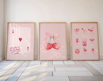 Coquette Canvas Print Set: Pink Bow Cherry Watercolor Wall Art, Unframed