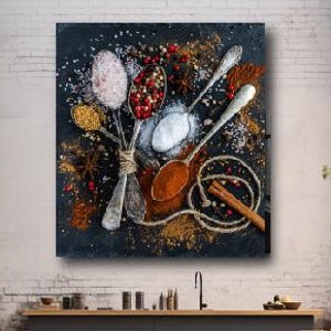 Indian Spices Canvas Poster Print, Spices Kitchen Art, Culinary Herbs, Rustic Spices Art, Aromatic Cooking, Herbs and Spoon Print, Unframed