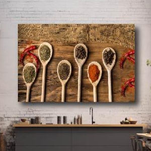 Indian Spices Canvas Poster Print, Kitchen Art, Rustic Spices Art, Aromatic Food Print, Herbs and Spoon Print, Spice Market Art, Unframed