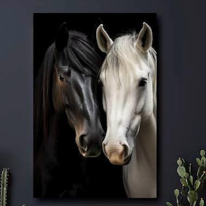 Two Horses Canvas Poster Print, Horse Lover Gift, Rustic Horse Art, Farmhouse Animal Print, Western Black and White Horse Decor, Unframed