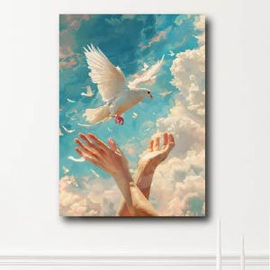 White Dove in Blue Sky Canvas Poster Print, Peaceful Bird Art, Flying Dove Art, Peace Symbol White Dove Art, Calm and Serene Decor, Unframed
