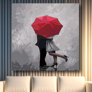 Romantic Couple Kissing Under Watercolor Umbrella Canvas Poster Print, Lovers&#39; Kiss, Secret Love, Valentine&#39;s Day, Love in the Rain,Unframed