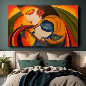 Abstract Radha Krishna Ashta Sakhi Canvas Poster Print, Indian God, Religion Art, Indian Mythology Print, Yoga Meditation, Unframed