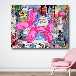 Pink Inflatable Balloon Dog Banksy Canvas Poster Print, Graffiti Balloon Dog, Quirky Street Art Decor, Pop Culture Wall Art, Unframed