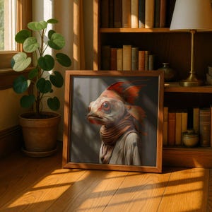 May include: A framed artwork featuring a surreal image of a fish-like creature wearing a scarf and shirt. The artwork is in a wooden frame, displayed on a wooden floor, with a bookshelf and a potted plant in the background.