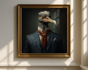 May include: A framed portrait of a bird-like figure in a blue suit with an orange scarf. The bird has gray feathers, a long beak, and is set against a dark green background. The frame is gold.