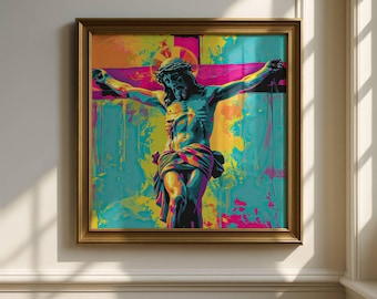 May include: A framed pop art style print of the crucifixion. The artwork features a figure on a cross with a crown of thorns, rendered in vibrant colors including teal, pink, yellow, and purple. The gold frame adds a classic touch.