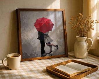 Impression sur toile Couple romantique s'embrassant : parapluie rouge, oeuvre d'art murale amour, Saint-Valentin, sans cadre