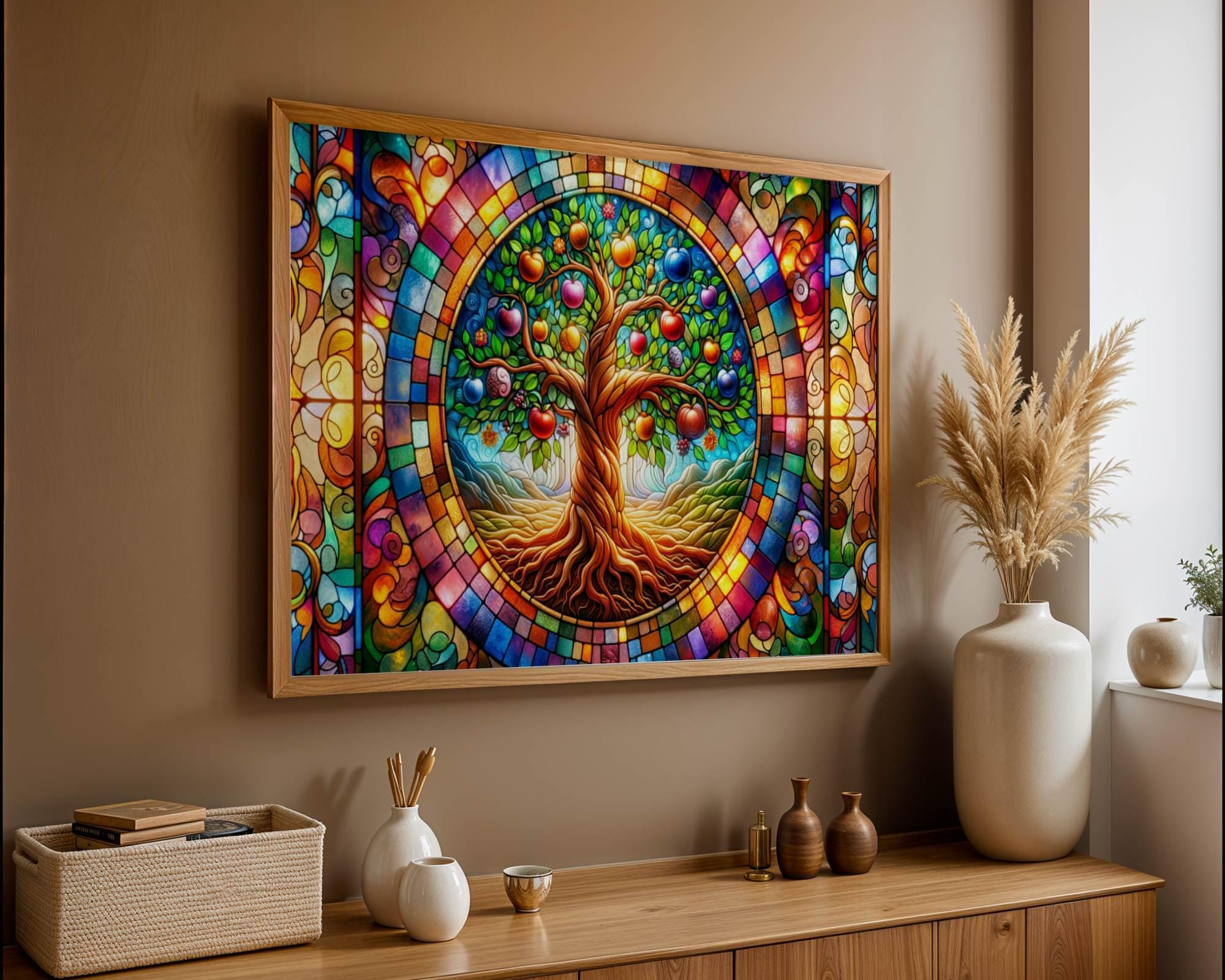 魔法の森の生命の樹 キャンバスプリント：神秘的な風景画、フレーム