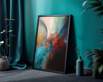 Puede incluir: Impresión artística abstracta enmarcada en negro. La obra presenta una vibrante mezcla de colores, incluyendo azul, rojo y dorado, creando una composición dinámica y texturizada. El arte enmarcado está apoyado contra una pared turquesa.