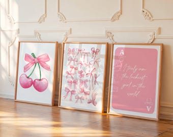 Coquette Canvas Print Set: Pink Bow Cherry Watercolor Wall Art, Unframed