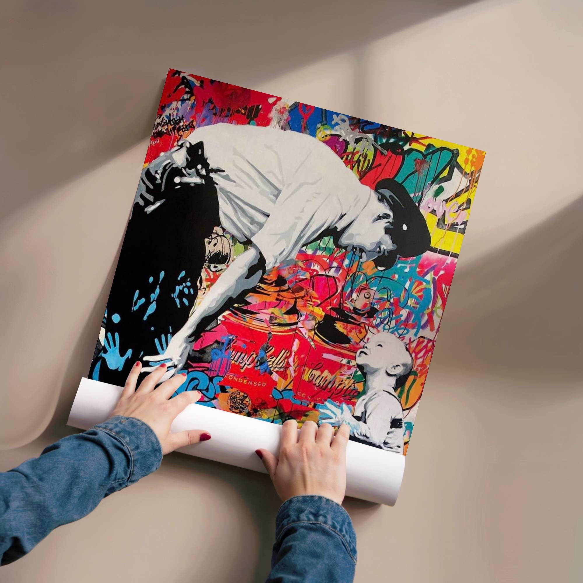 Banksy Style Canvas Wall Art, Police and Child Street Art, Urban