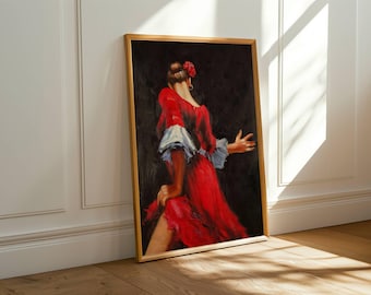 Flamenco Dancer Canvas Print: Spanish Gipsy Woman in Red Dress, Boho Wall Art, Unframed