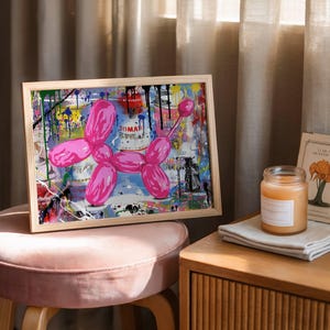 Pink Inflatable Balloon Dog Banksy Canvas Poster Print, Graffiti Balloon Dog, Quirky Street Art Decor, Pop Culture Wall Art, Unframed