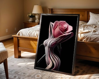 Elegant Woman with Pink Rose Canvas Print: Sensual Line Art, Unframed