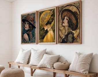 Art Nouveau Woman Portrait Canvas Print Set: Vintage Wall Art, Unframed