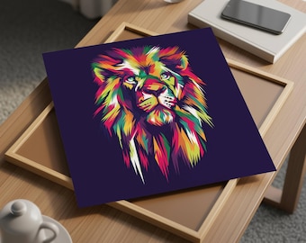 Canvas Kleurrijke leeuw: muurkunst jungle, ingelijst