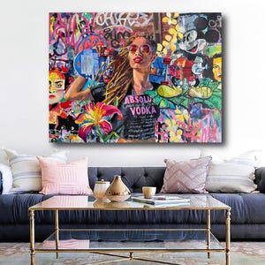 Sexy Woman Banksy Canvas Poster Print, Absolute Vodka Graffiti, Mickey Mousse, Rebellious Female Silhouette, Graffiti Woman Body, Unframe
