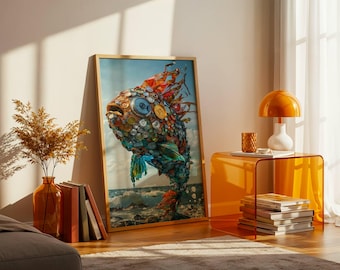 Impresión en lienzo de peces de plástico: arte sobre la contaminación oceánica, sin marco