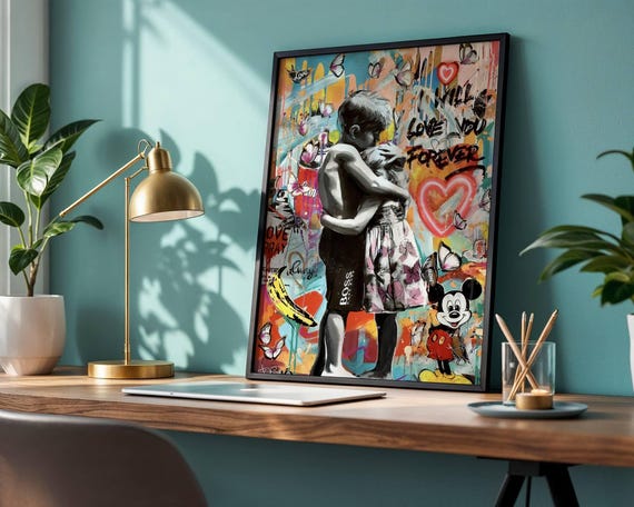 2人の子供のキャンバスプリント：バンクシー風グラフィティストリート