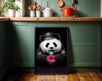 Police Panda Donut Canvas Print: Banksy Style, Funny Animal Art, Unframed
