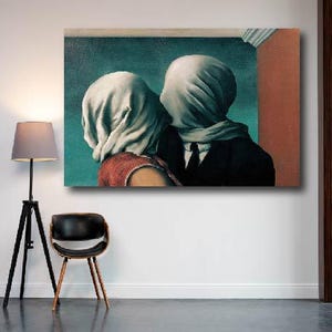 Rene Magritte, impression d&#39;affiche sur toile The Lovers, Saint Valentin, art de baiser de couple mystérieux, art mural romantique, 1928 par Rene Magritte, sans cadre