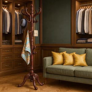 May include: A dark brown wooden coat rack with multiple hooks, holding a gray hat, a patterned scarf, and a small beige purse. The rack is in a room with a green sofa and wooden cabinets.