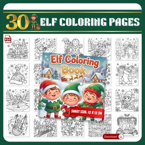Könnte beinhalten: Ein Bild von 30 Elf Malvorlagen. Das Cover des Malbuchs zeigt drei Cartoon-Elfen. Die Blattgröße beträgt 30,48 x 30,48 cm. Das Bild enthält ein PDF-Symbol und eine Download-Schaltfläche.