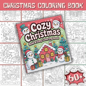 May include: A "Cozy Christmas" coloring book with a red cover featuring snowmen, a house, and Christmas trees. The book is surrounded by black and white coloring pages with holiday scenes. The text "Christmas Coloring Book" is at the top, and "60+" is in the bottom right corner.