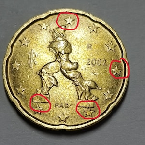 Feltryck 20-centsmynt Italien 2002 Sällsynt Många präglingsfel Pickles Stansfel Samlarmynt Samlarobjekt M.A.C. R (IT20C002)