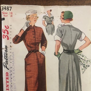 1950&#39;s One-Piece Dress with Button Front Slim Skirt and Pockets Vintage Sewing Pattern Simplicity 3487 Bust 36 RF0162