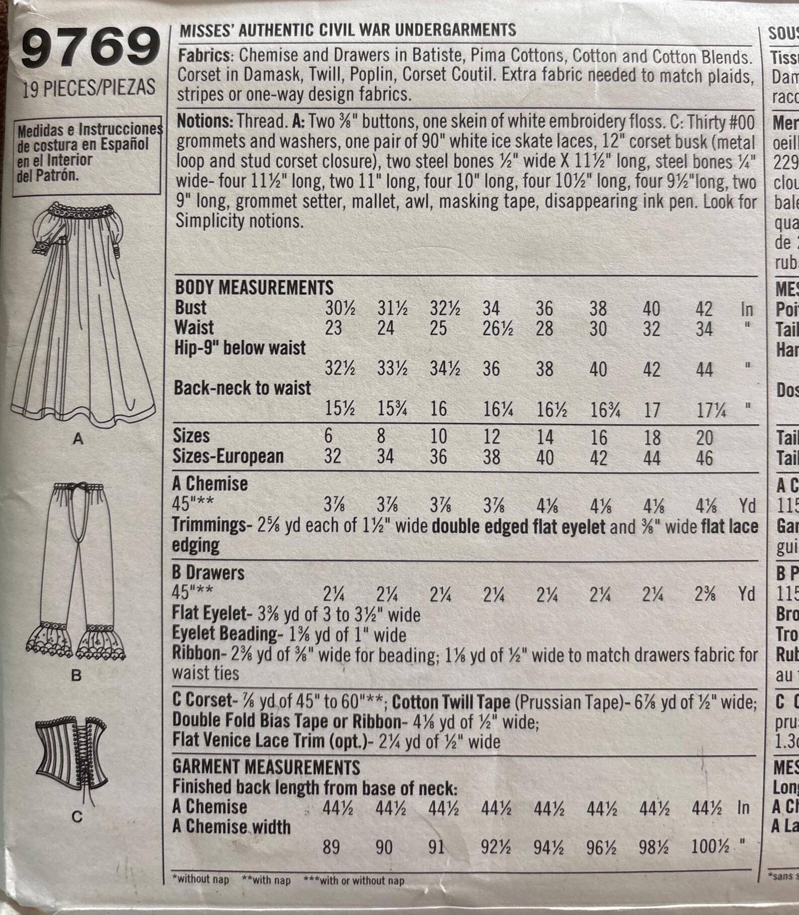 Pattern 9769 Authentic Civil War Chemise, Drawers, Corset UNCUT Sewing Pattern ...